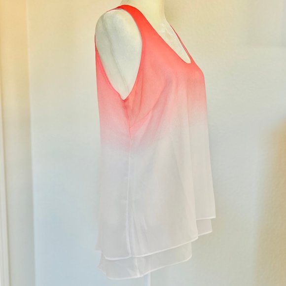 Calvin Klein Sheer Ombré Dip Dye Coral Pink & White Flowy Layered Tunic Tank Top - Picture 4 of 8